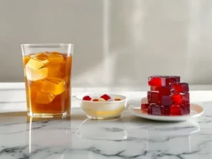 Three gelatin diet recipe versions: amber pre-meal drink in glass, white protein cubes in bowl, red fruit gelatin on plate