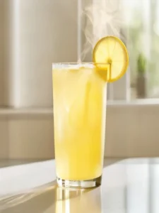 Finished gelatin trick drink in a clear glass with lemon slice garnish