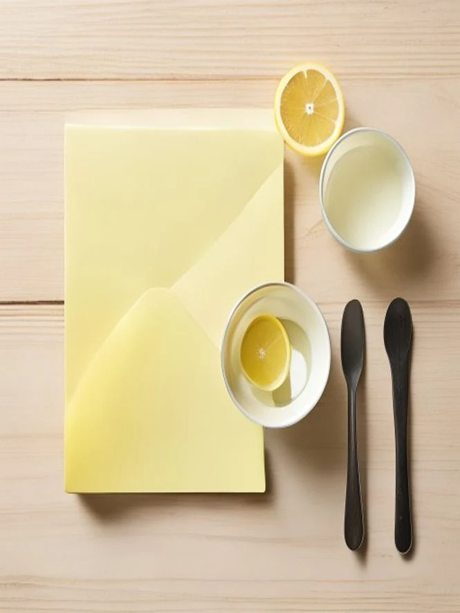 Gelatin trick recipe ingredients flat-lay — Knox gelatin envelope, lemon, hot water and measuring spoon