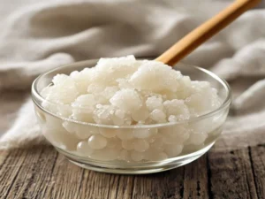 Unflavored gelatin powder blooming in cold water in a clear glass for the weight loss trick recipe