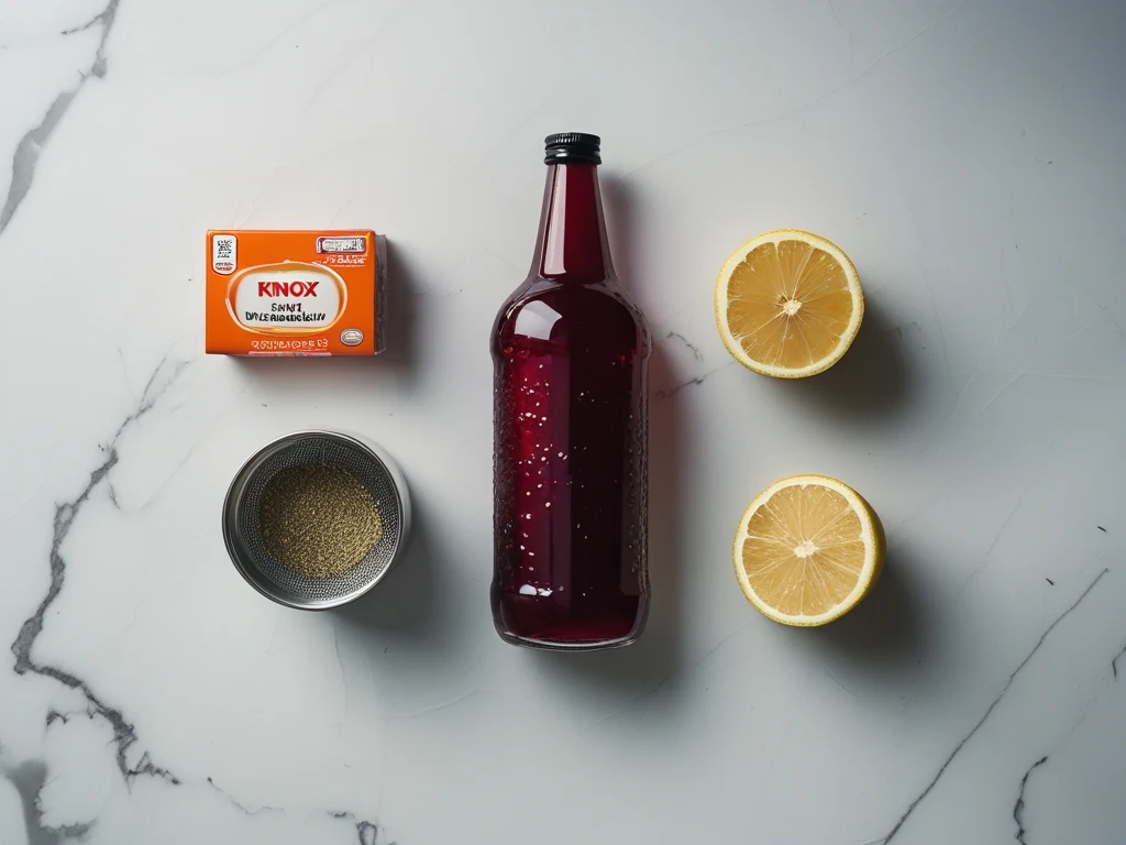 Knox gelatin box, cranberry juice bottle, and halved lemon arranged as flat-lay on white surface