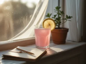 Gelatin weight loss drink on windowsill in morning light beside a wellness journal and pen