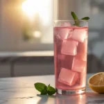 Pink gelatin weight loss recipe in clear glass with ice and lemon on marble counter