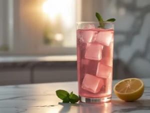 Pink gelatin weight loss recipe in clear glass with ice and lemon on marble counter