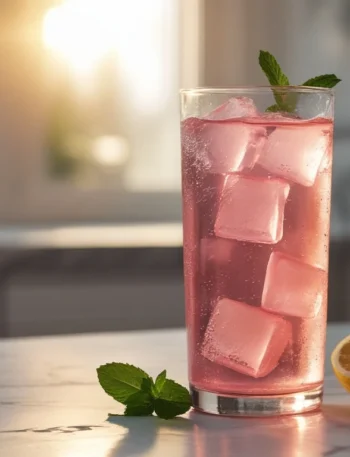 Pink gelatin weight loss recipe in clear glass with ice and lemon on marble counter