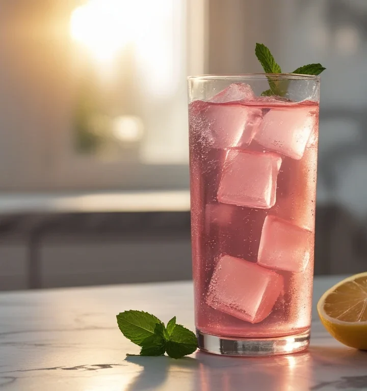 Pink gelatin weight loss recipe in clear glass with ice and lemon on marble counter
