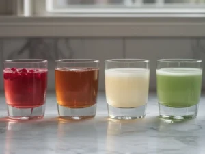 Four gelatin weight loss recipe variations in a row — pink, amber, white, and pale green drinks