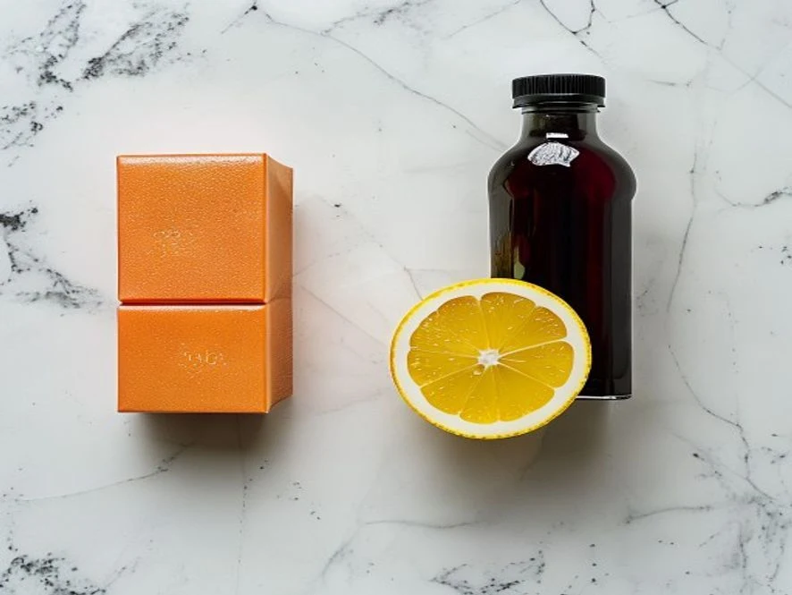 Three ingredients for gelatin weight loss trick recipe: Knox gelatin box, cranberry juice, fresh lemon on marble