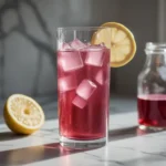 Gelatin weight loss trick recipe in a clear glass with cranberry juice and lemon on white marble counter