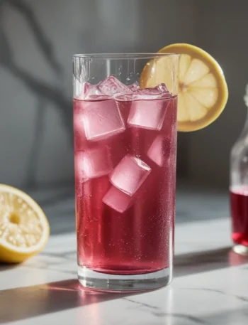 Gelatin weight loss trick recipe in a clear glass with cranberry juice and lemon on white marble counter