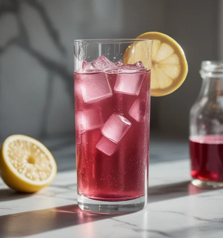 Gelatin weight loss trick recipe in a clear glass with cranberry juice and lemon on white marble counter