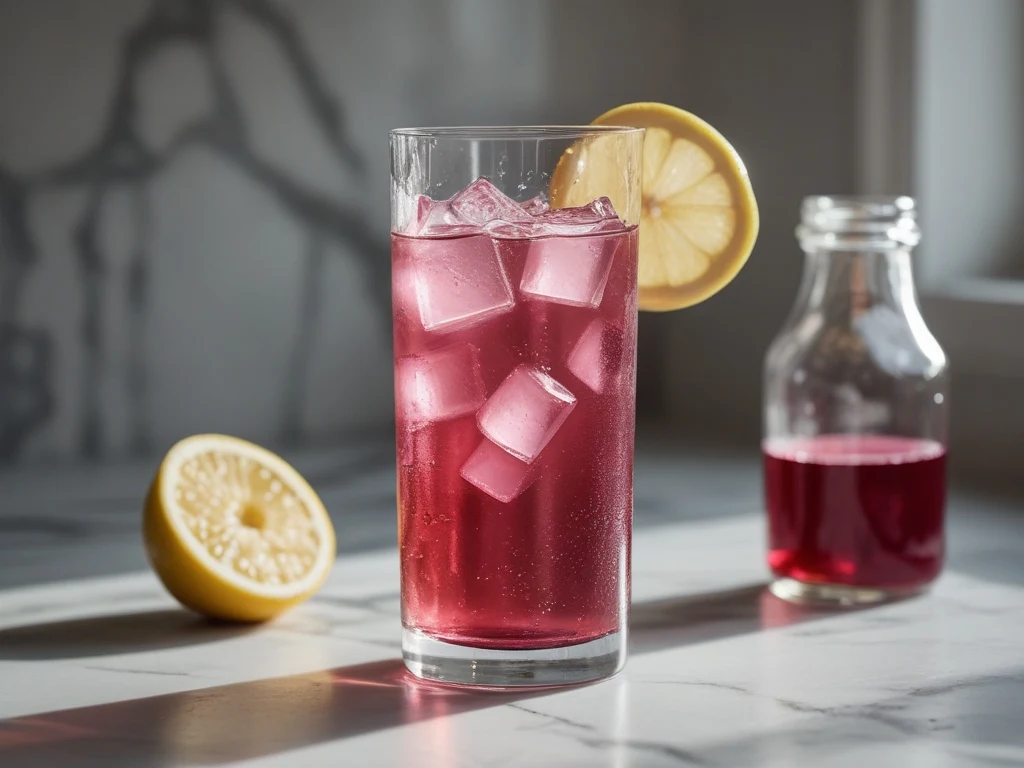 Gelatin weight loss trick recipe in a clear glass with cranberry juice and lemon on white marble counter