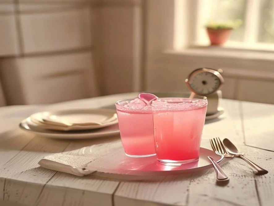Pink gelatin weight loss trick recipe drink beside a dinner plate showing 20-minute timing ritual