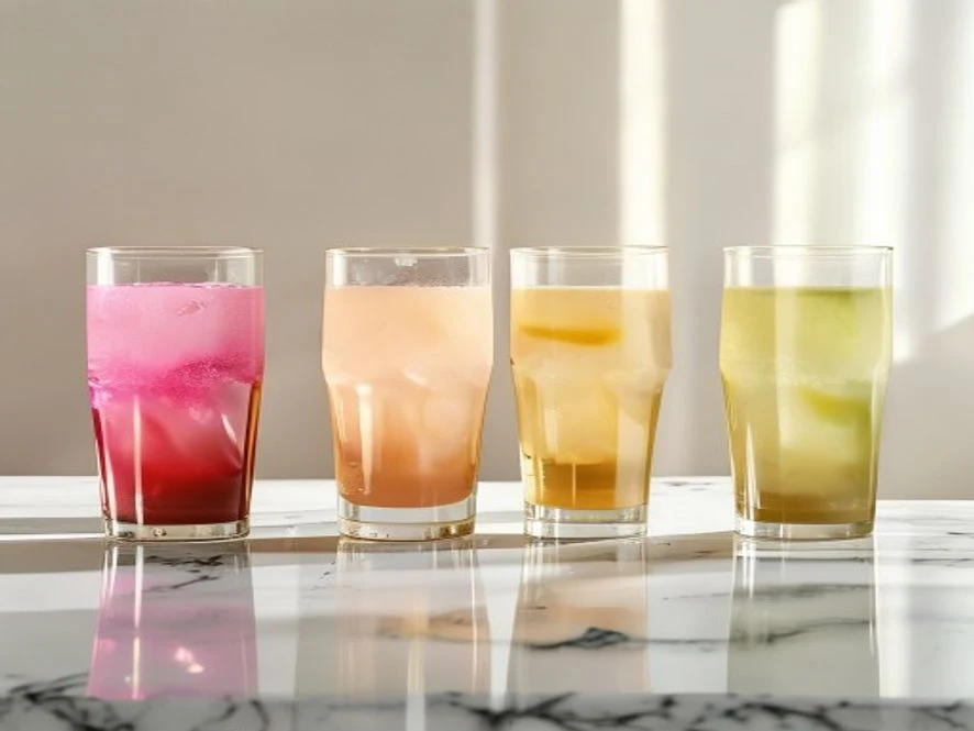 Four gelatin weight loss trick recipe variations in glasses: pink, amber, cream, and green
