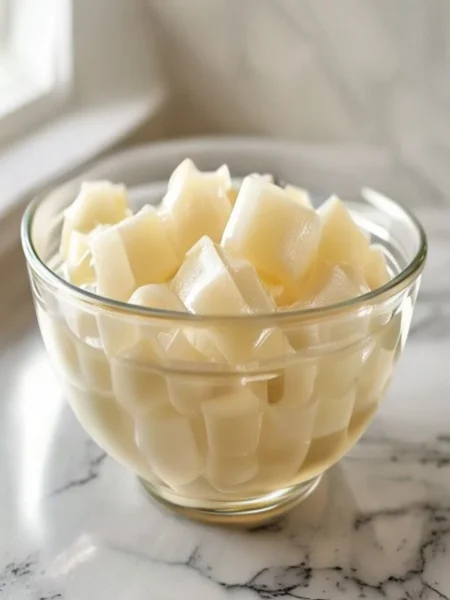 Bowl of bloomed Knox unflavored gelatin ready to dissolve