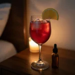 Liquid magnesium sleep mocktail recipe in wine glass with ruby cherry juice and amber dropper bottle on dark nightstand