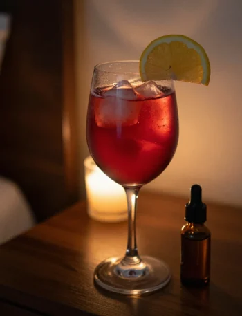 Liquid magnesium sleep mocktail recipe in wine glass with ruby cherry juice and amber dropper bottle on dark nightstand