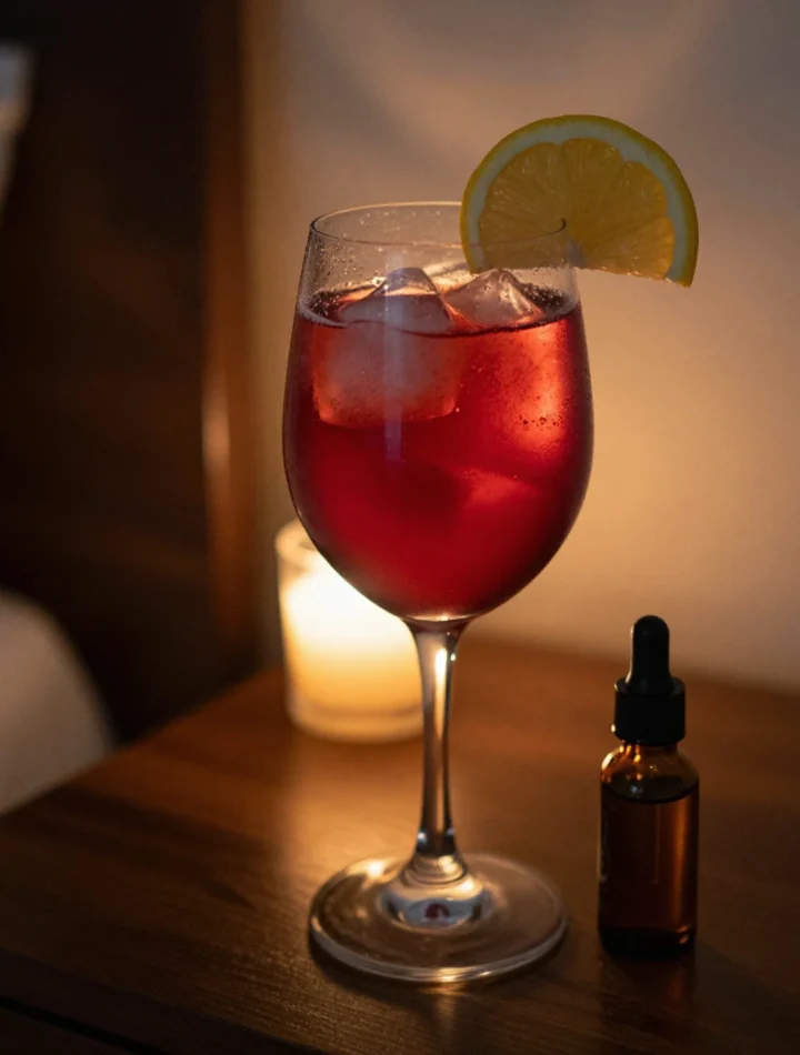 Liquid magnesium sleep mocktail recipe in wine glass with ruby cherry juice and amber dropper bottle on dark nightstand
