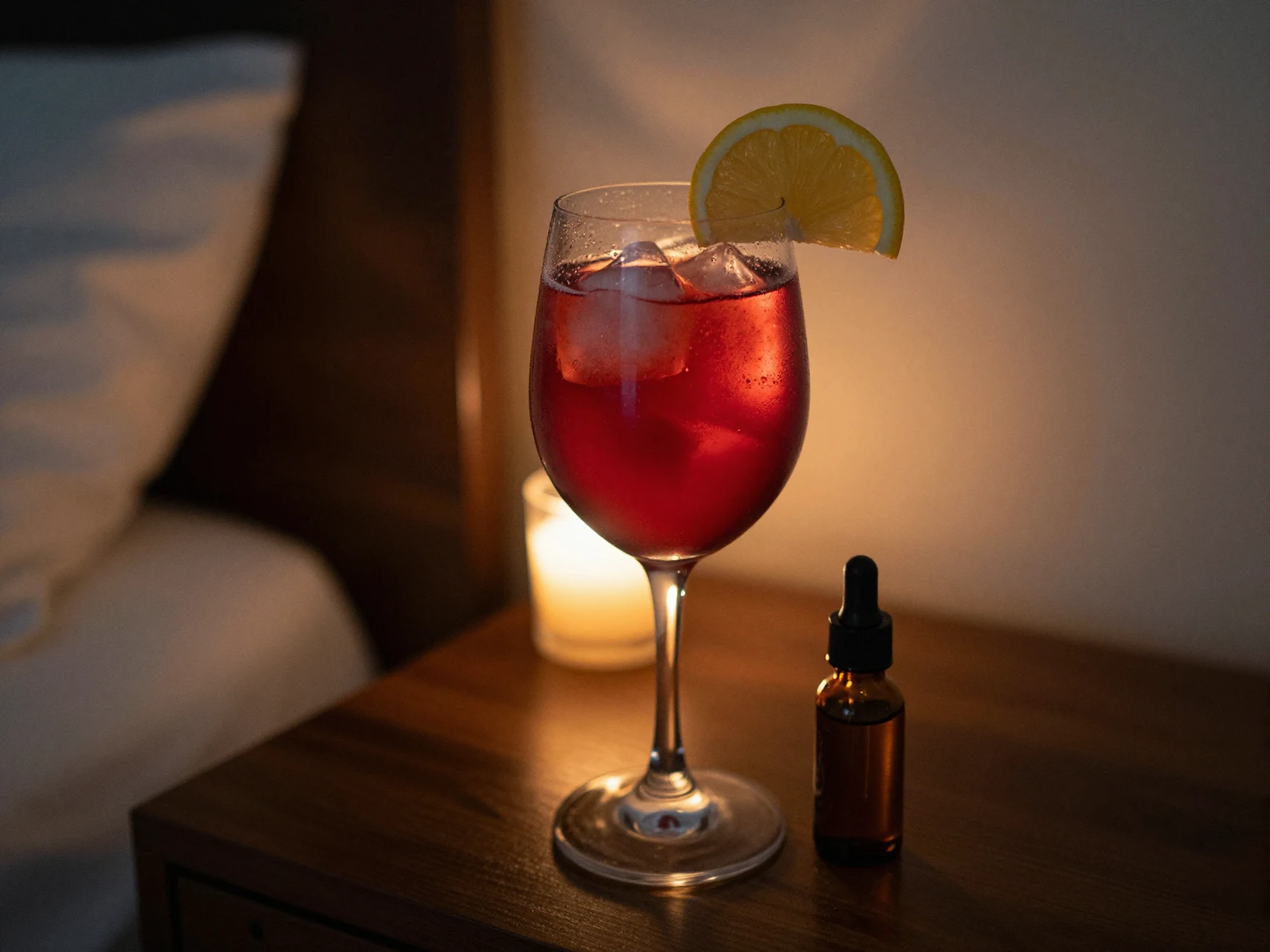Liquid magnesium sleep mocktail recipe in tall wine glass with deep ruby cherry juice and amber dropper bottle on dark walnut nightstand