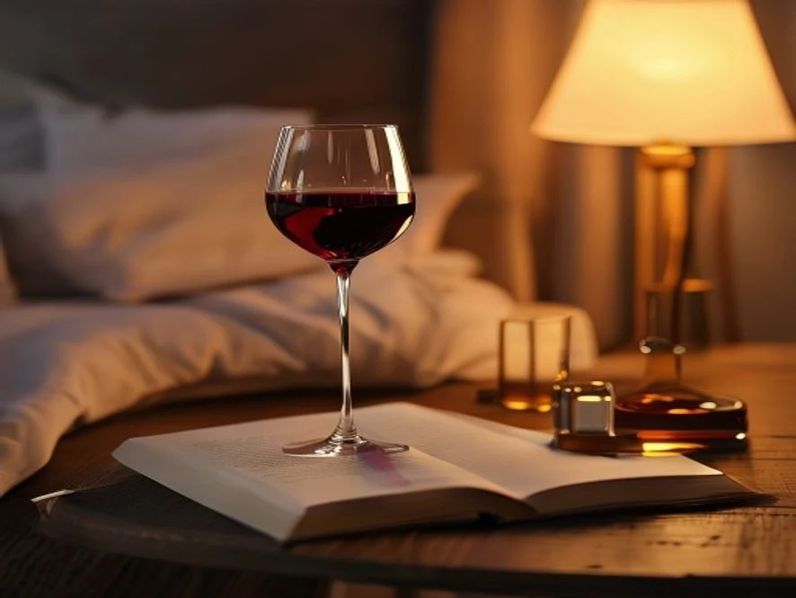 Wine glass of ruby red liquid magnesium sleep mocktail on nightstand beside open book and phone face-down in cozy bedroom setting