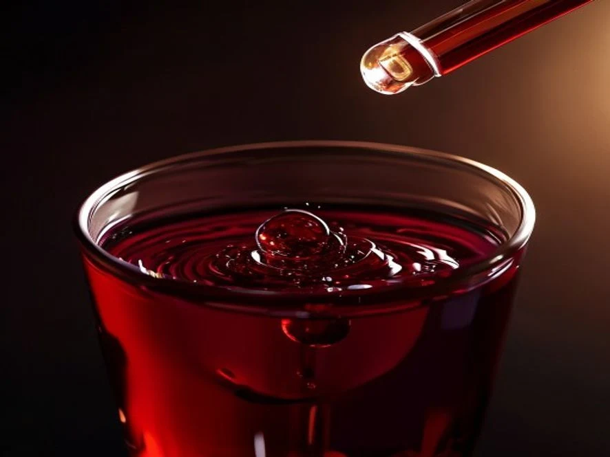 Glass dropper dispensing liquid magnesium drops into deep ruby tart cherry juice in wine glass creating surface ripples