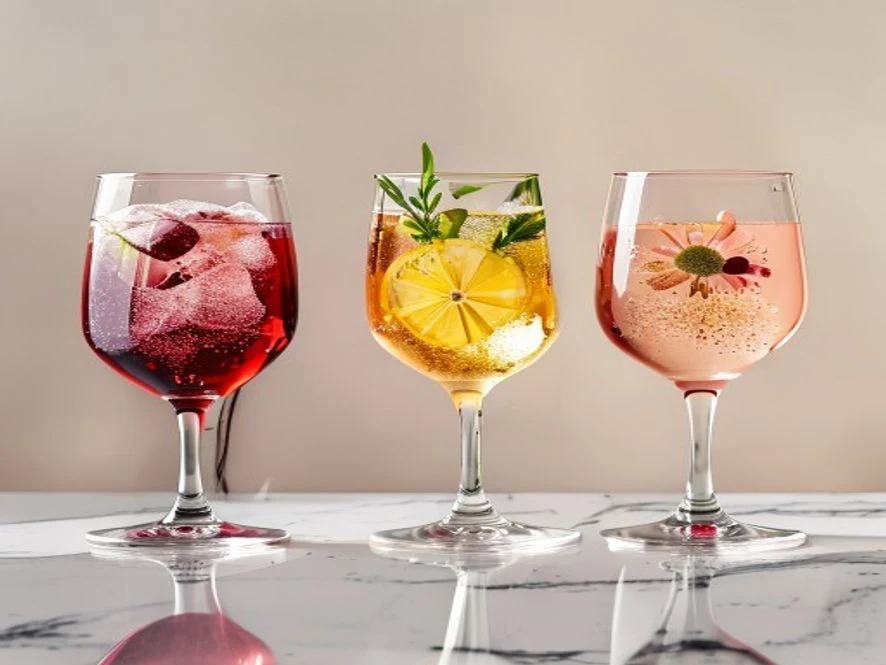 Three variations of liquid magnesium sleep mocktail side by side: classic ruby red, golden chamomile and pale pink raspberry sparkling