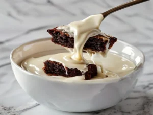 Dipping a Little Debbie brownie into melted white candy coating with a fork, showing the glossy white shell forming