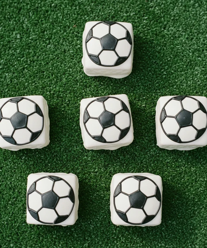 Little Debbie soccer brownies decorated with white candy melt coating and black gel icing soccer ball lines on a green surface