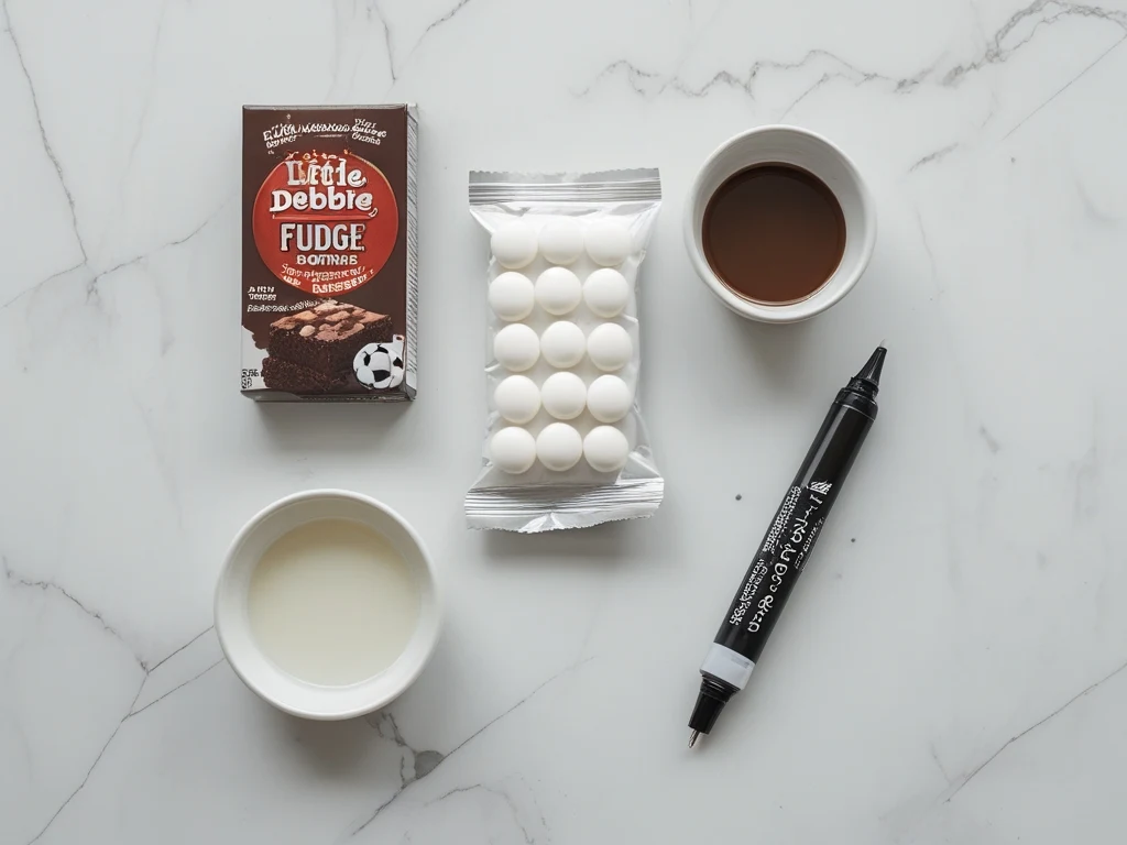 Ingredients for Little Debbie soccer brownies: brownie box, white candy melts bag, and black gel icing pen on white marble