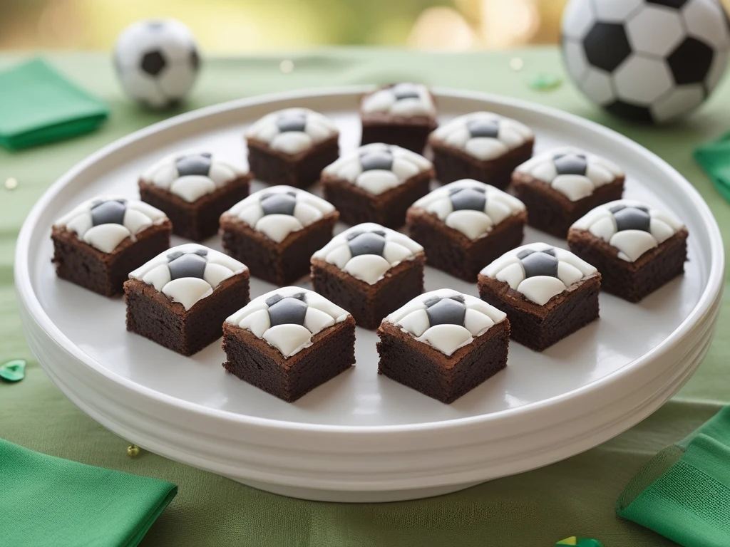 Finished Little Debbie soccer brownies arranged on a white platter surrounded by green napkins at a kids soccer party