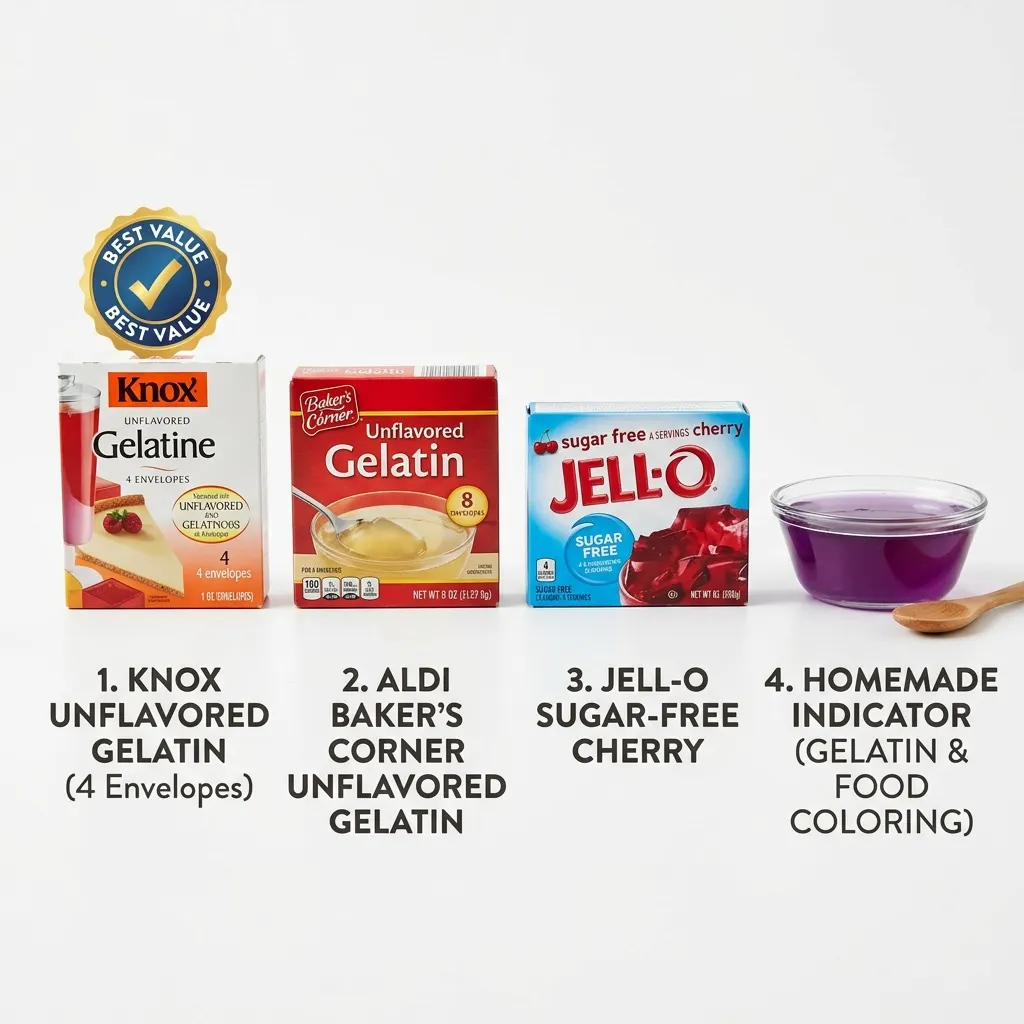 Lineup of 4 gelatin brands tested for pink gelatin weight loss recipes (Knox, Aldi, Kroger, Jello)
