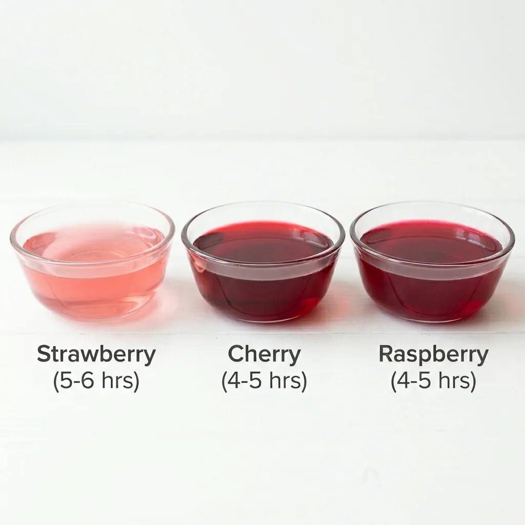 Three pink gelatin flavors side-by-side (strawberry, cherry, raspberry)—comparison for weight loss appetite control