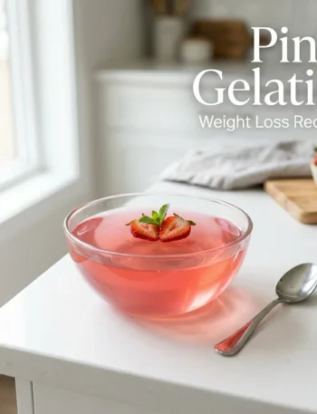 Pink strawberry gelatin in glass bowl on white counter—weight loss recipe tested by Sara Mitchell