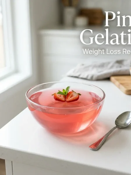 Pink strawberry gelatin in glass bowl on white counter—weight loss recipe tested by Sara Mitchell