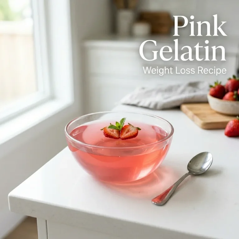 Pink strawberry gelatin in glass bowl on white counter—weight loss recipe tested by Sara Mitchell