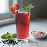 Strawberry green tea electrolyte drink in tall glass with fresh strawberries and mint on marble counter