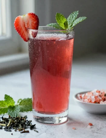 Strawberry green tea electrolyte drink in tall glass with fresh strawberries and mint on marble counter