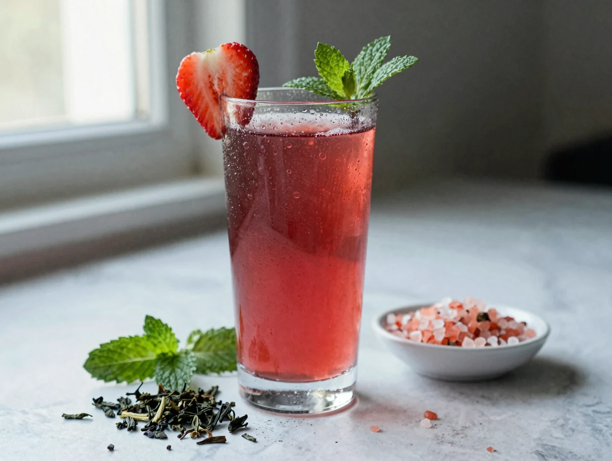 Strawberry green tea electrolyte drink in tall glass with fresh strawberries and mint on marble counter