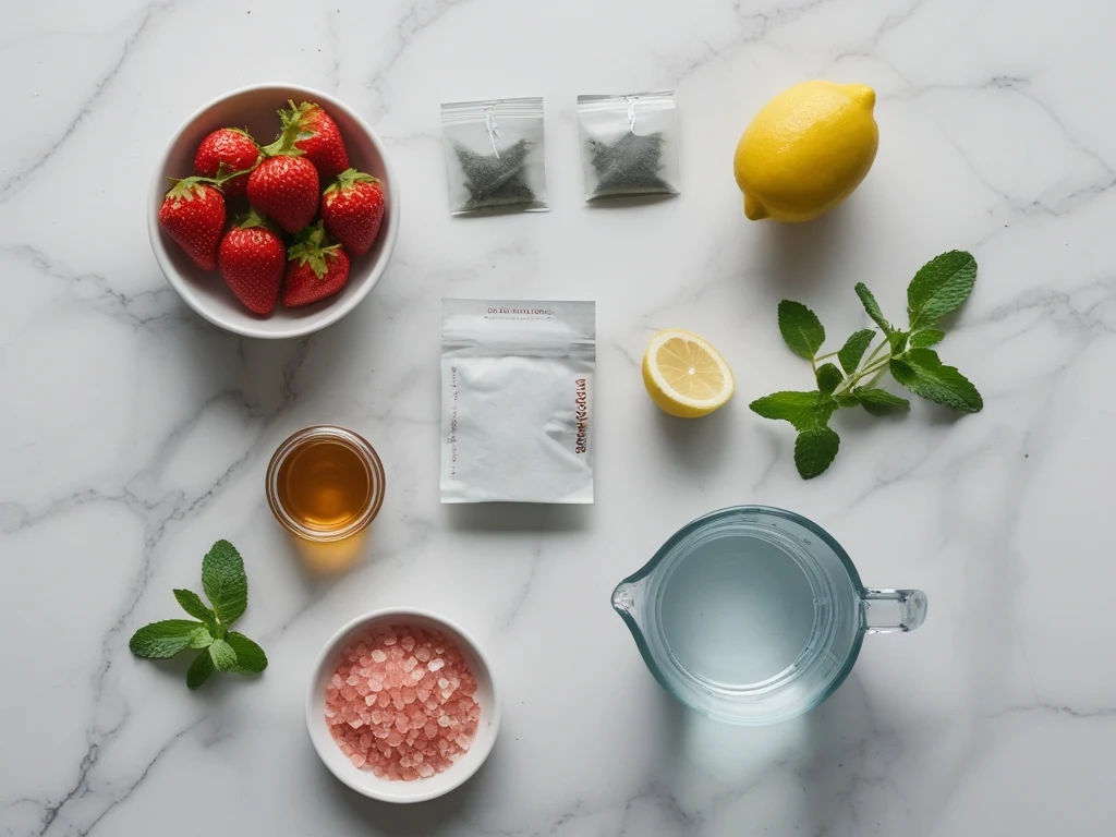 Flat-lay of strawberry green tea electrolyte drink ingredients including strawberries, green tea bags, lemon, salt and honey on white marble