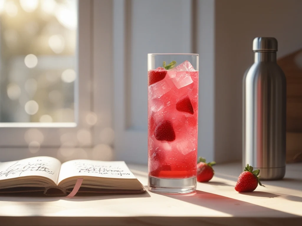 Woman holding strawberry green tea electrolyte drink glass outdoors in natural morning light