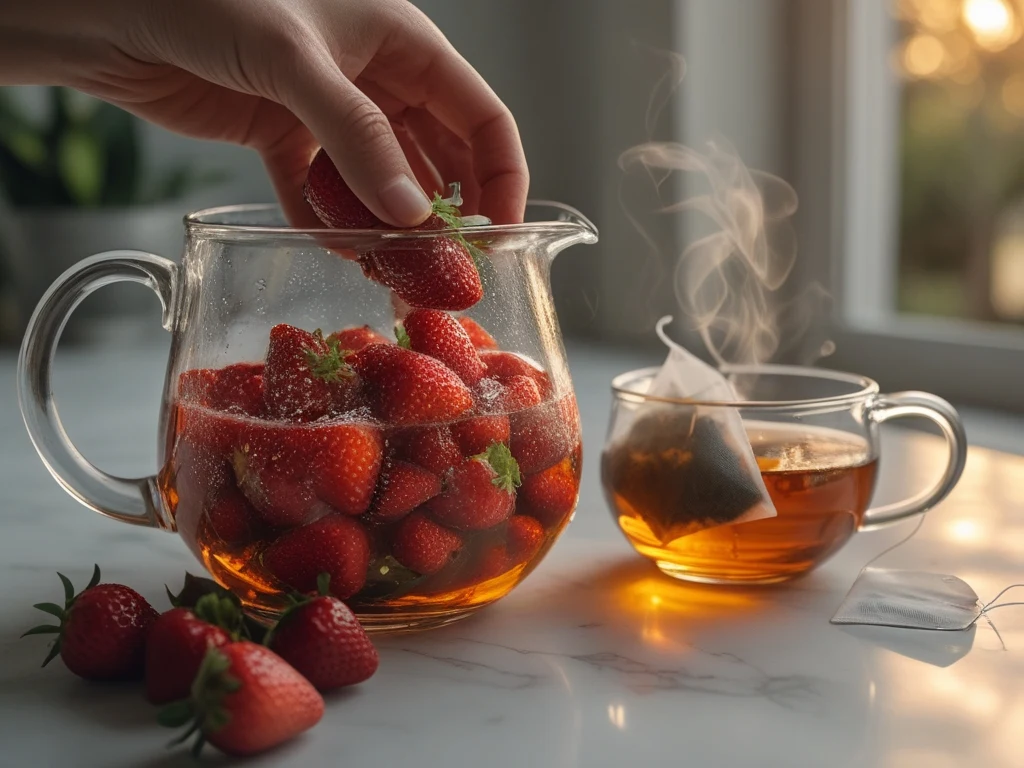Fresh strawberries being muddled and steeped with green tea in a glass pitcher