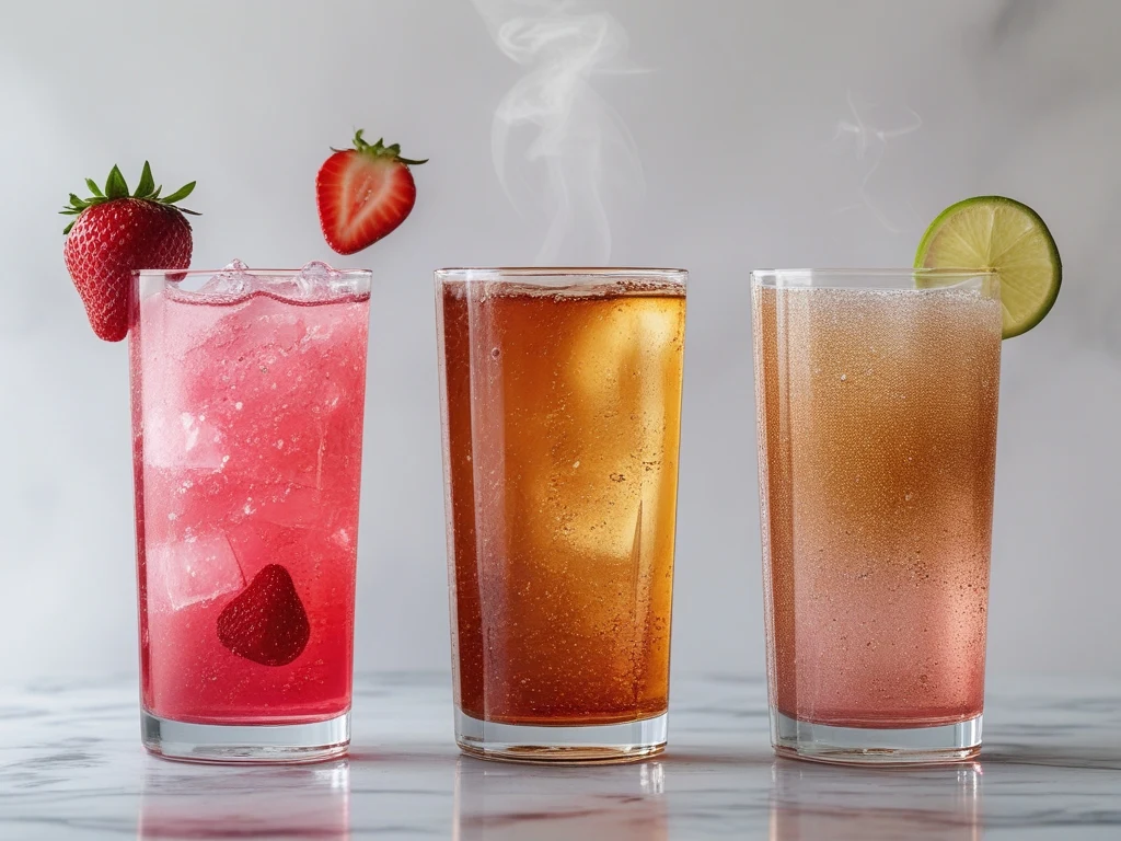 Three variations of strawberry green tea electrolyte drink side by side: iced, hot and sparkling versions
