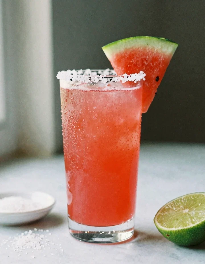 Watermelon electrolyte drink recipe sea salt in a tall glass with sea salt rim and fresh watermelon wedge on marble counter