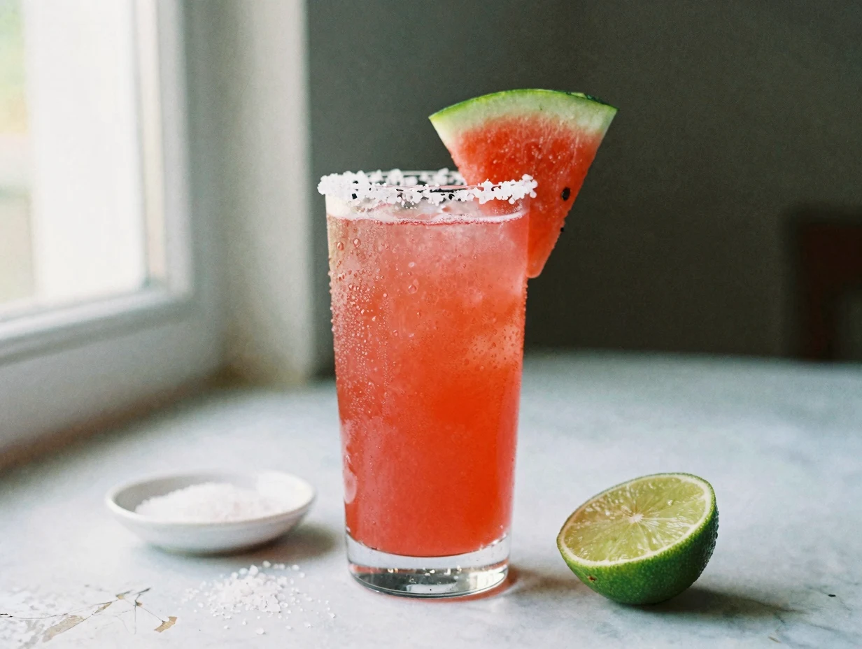 Watermelon electrolyte drink recipe sea salt in a tall glass with sea salt rim and fresh watermelon wedge on marble counter