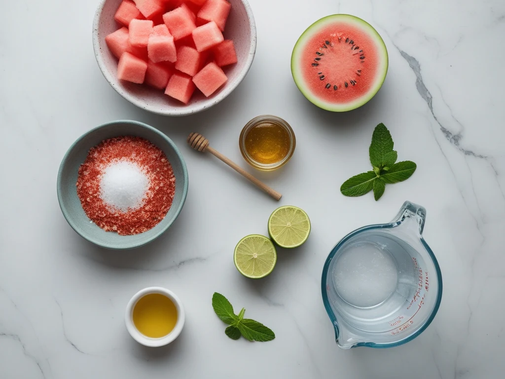 Flat-lay of watermelon electrolyte drink ingredients including watermelon chunks, sea salt, lime, honey and water on white marble