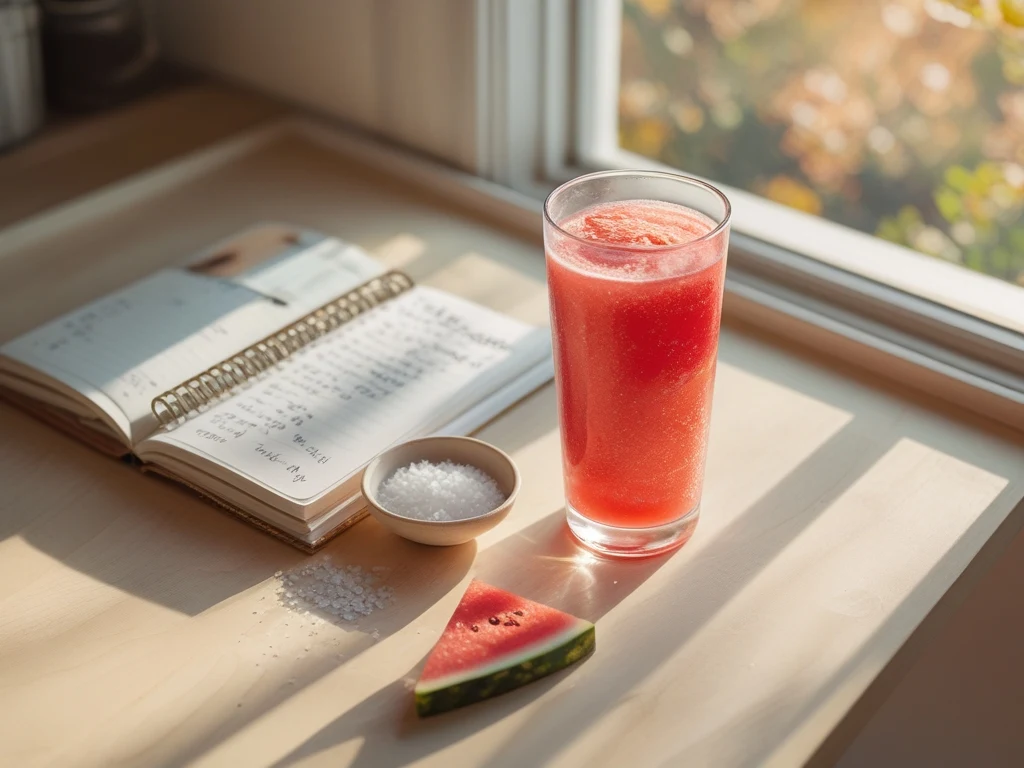 Glass of watermelon electrolyte drink on kitchen table beside a workout journal and sea salt pinch dish