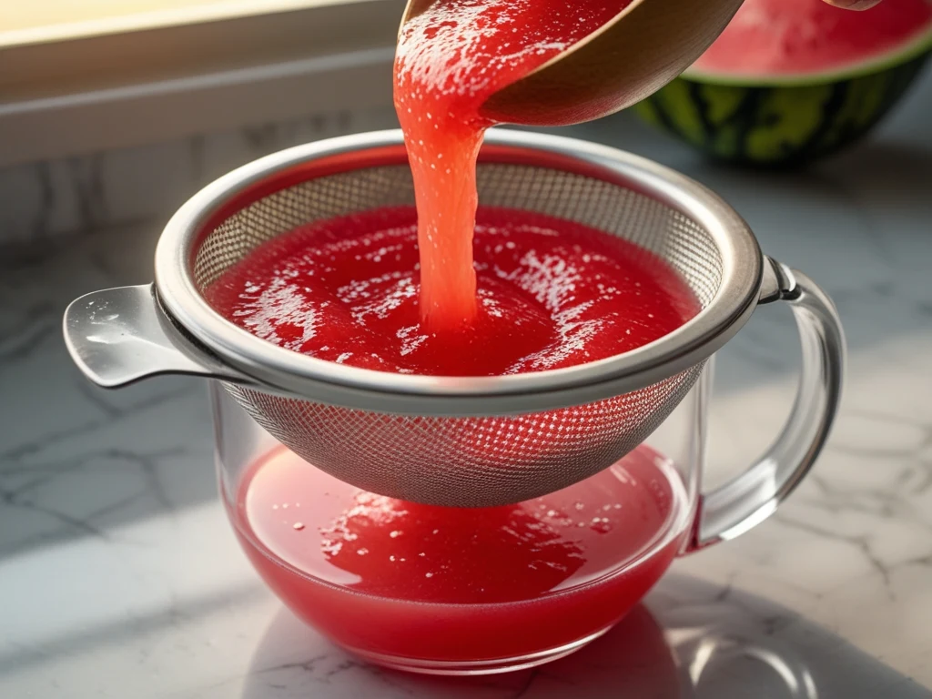 Fresh watermelon being pressed through a fine mesh strainer into a glass pitcher, vivid red juice flowing