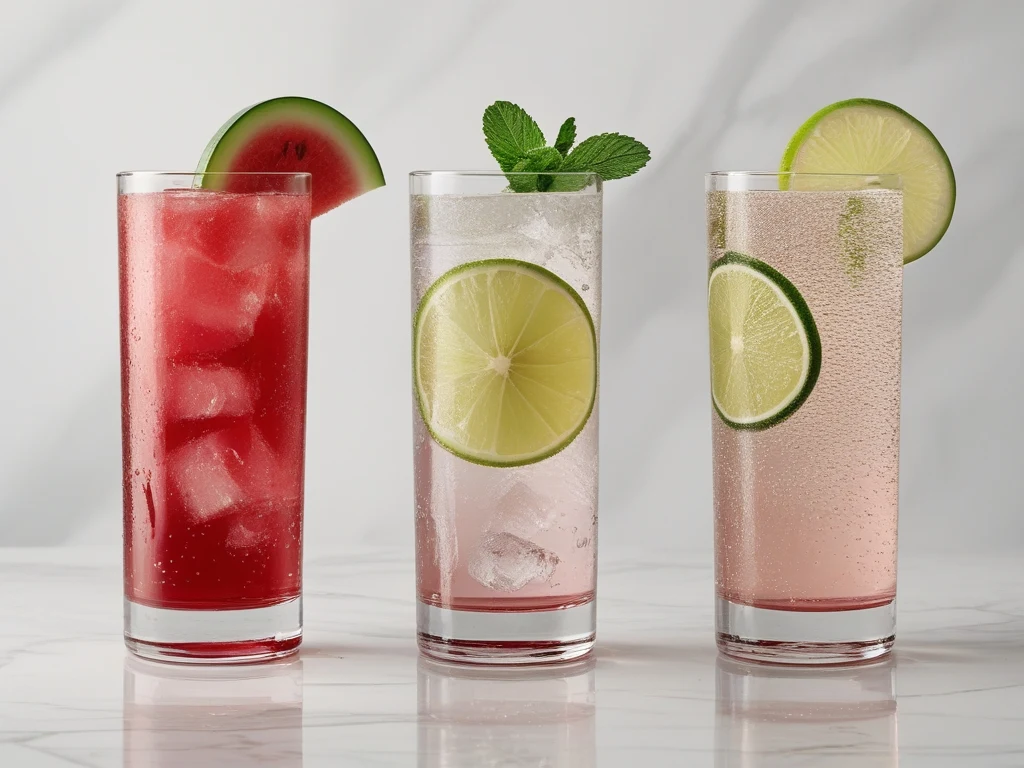 Three variations of watermelon electrolyte drink side by side: basic, lime-mint, and sparkling versions