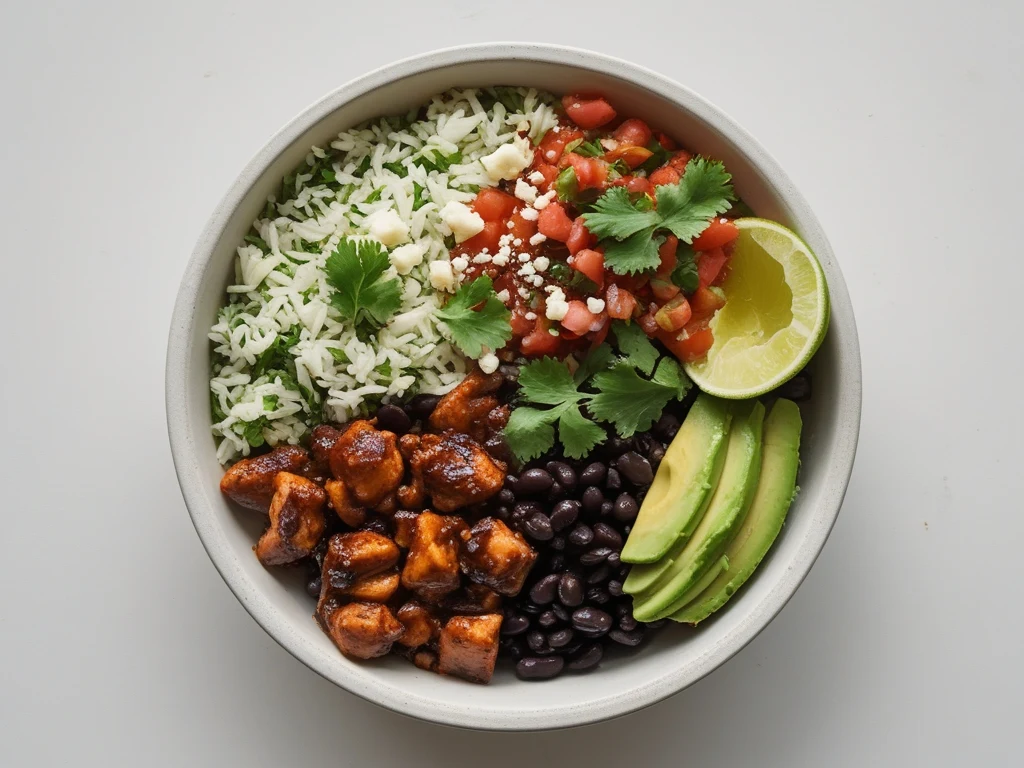 Chipotle honey chicken bowl with cilantro lime rice, black beans, salsa, and avocado