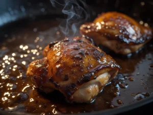 Chipotle honey chicken glaze caramelizing in cast iron pan with dark lacquered surface